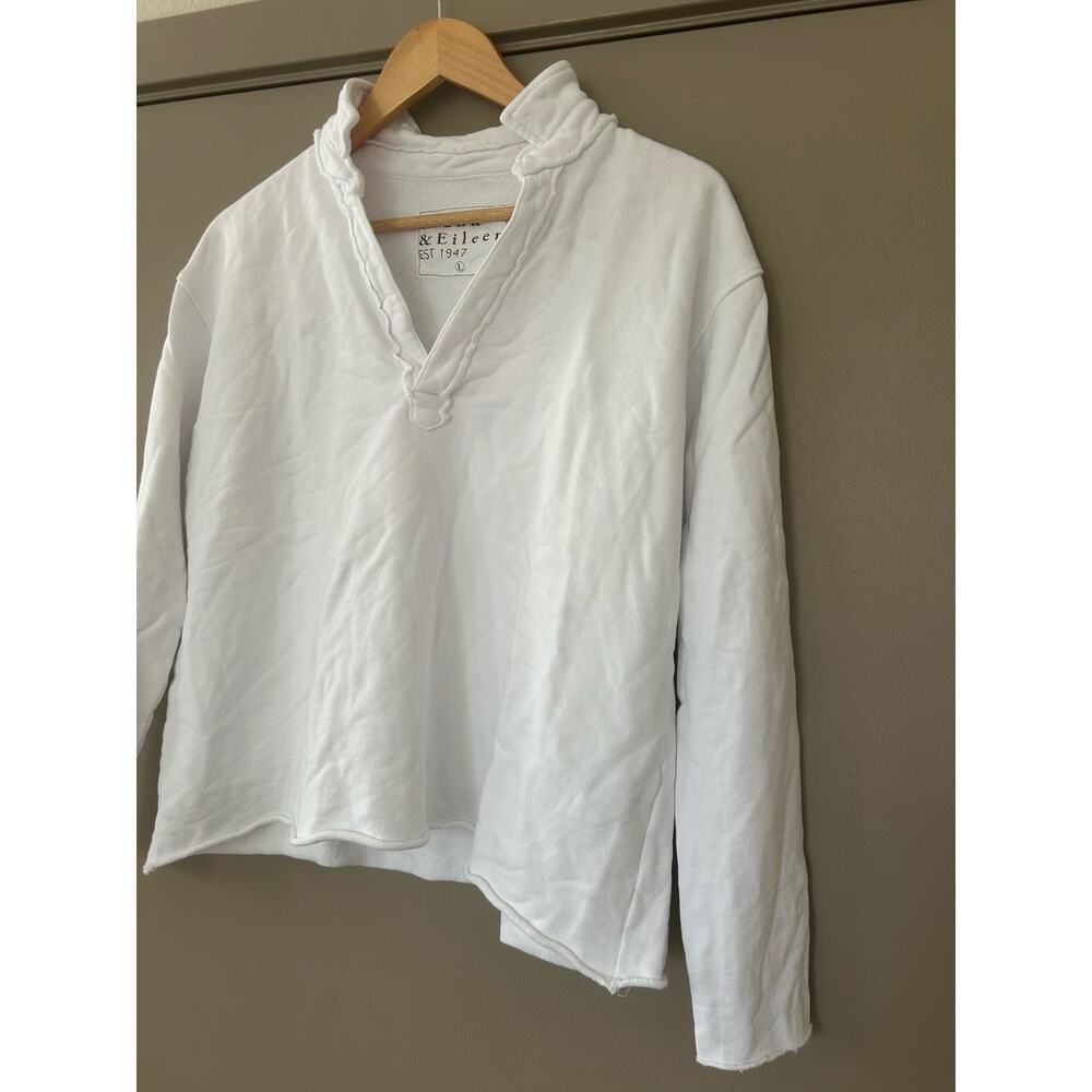Frank & Eileen Patrick Popover Henley Sweatshirt White L Triple Fleece Raw Hem - Picture 2 of 16